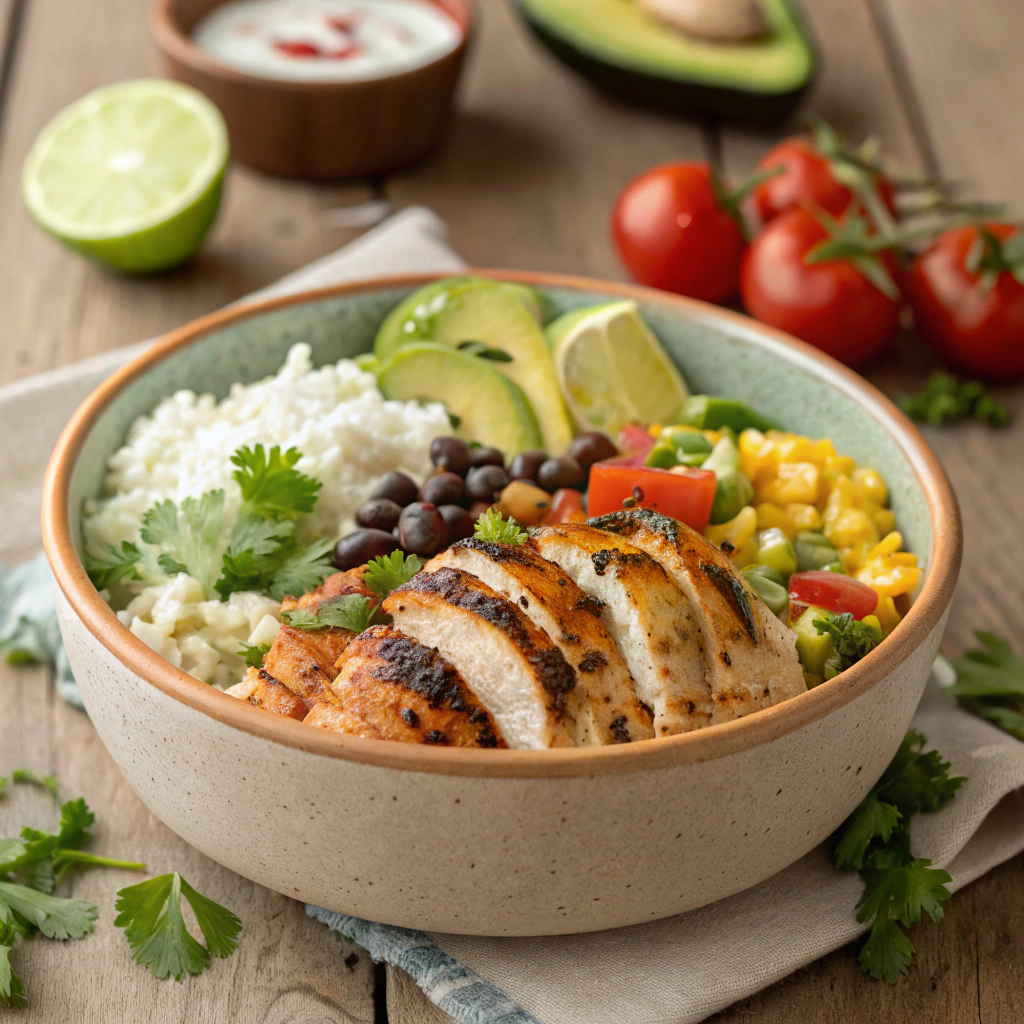 Pollo Loco Rice Bowl featuring grilled chicken slices, fluffy rice, black beans, corn, sliced avocado, diced tomatoes, and cilantro in a rustic bowl, garnished with lime wedges and sour cream, served on a wooden table.