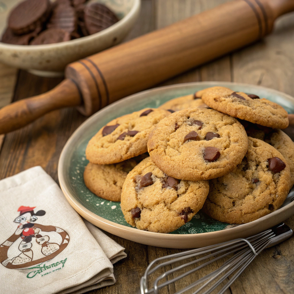 "Soft and chewy Disney chocolate chip cookies with metric measurements" "Close-up of Disney-style chocolate chip cookies" "Easy Disney chocolate chip cookie recipe" "Freshly baked chocolate chip cookies from Disney recipe" "How to make Disney park chocolate chip cookies at home"