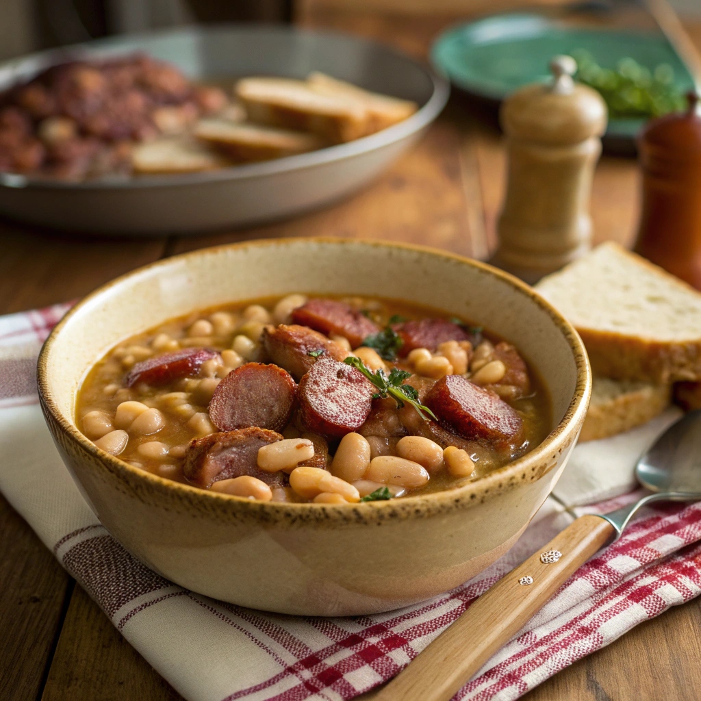 A hearty bowl of Great Northern Beans with smoked turkey and beef sausage, served with golden cornbread and crispy Cajun wings on a rustic wooden table.