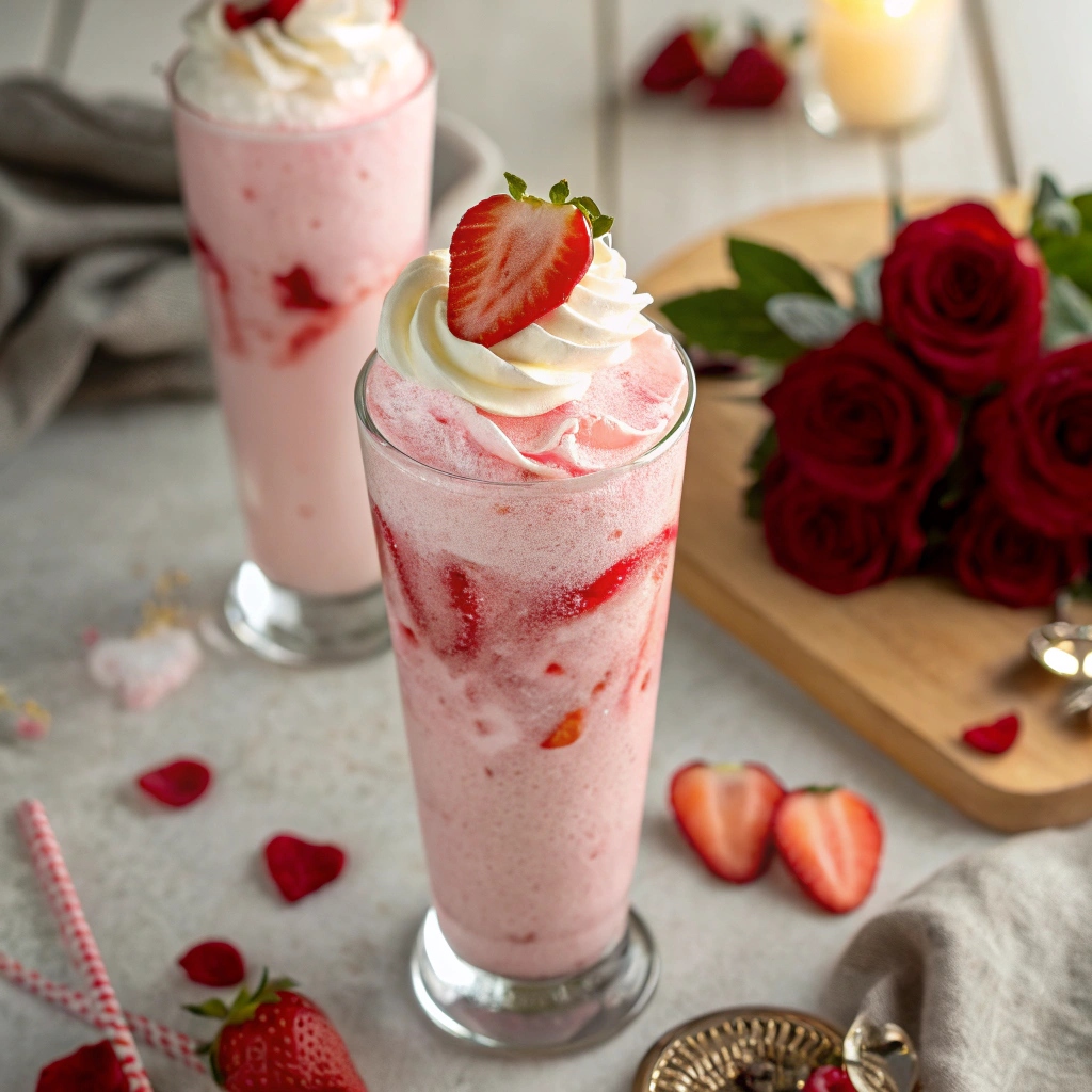 A beautiful Pink Sweetie Valen drink in a tall glass, garnished with whipped cream and fresh strawberries, surrounded by romantic Valentine’s Day decorations.