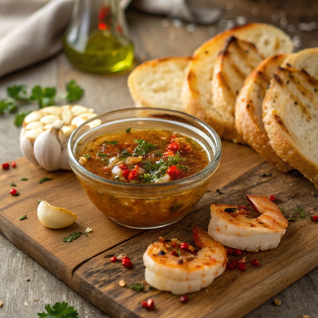 Spicy garlic butter sauce drizzled over grilled shrimp with parsley garnish in a rustic kitchen setting.