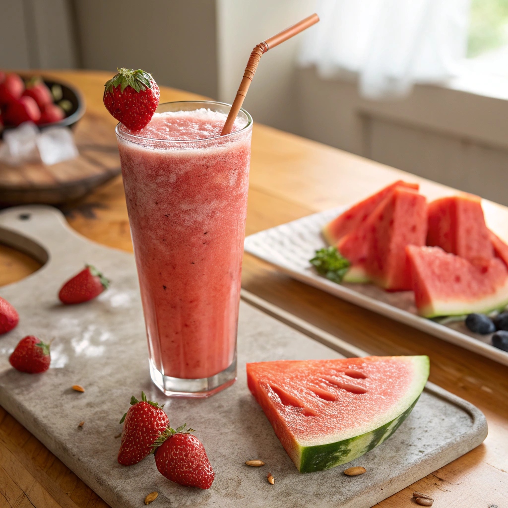 A tall glass of Watermelon Strawberry Smoothie with fresh strawberries and watermelon slices on a wooden countertop, with ice cubes and a refreshing summer vibe.