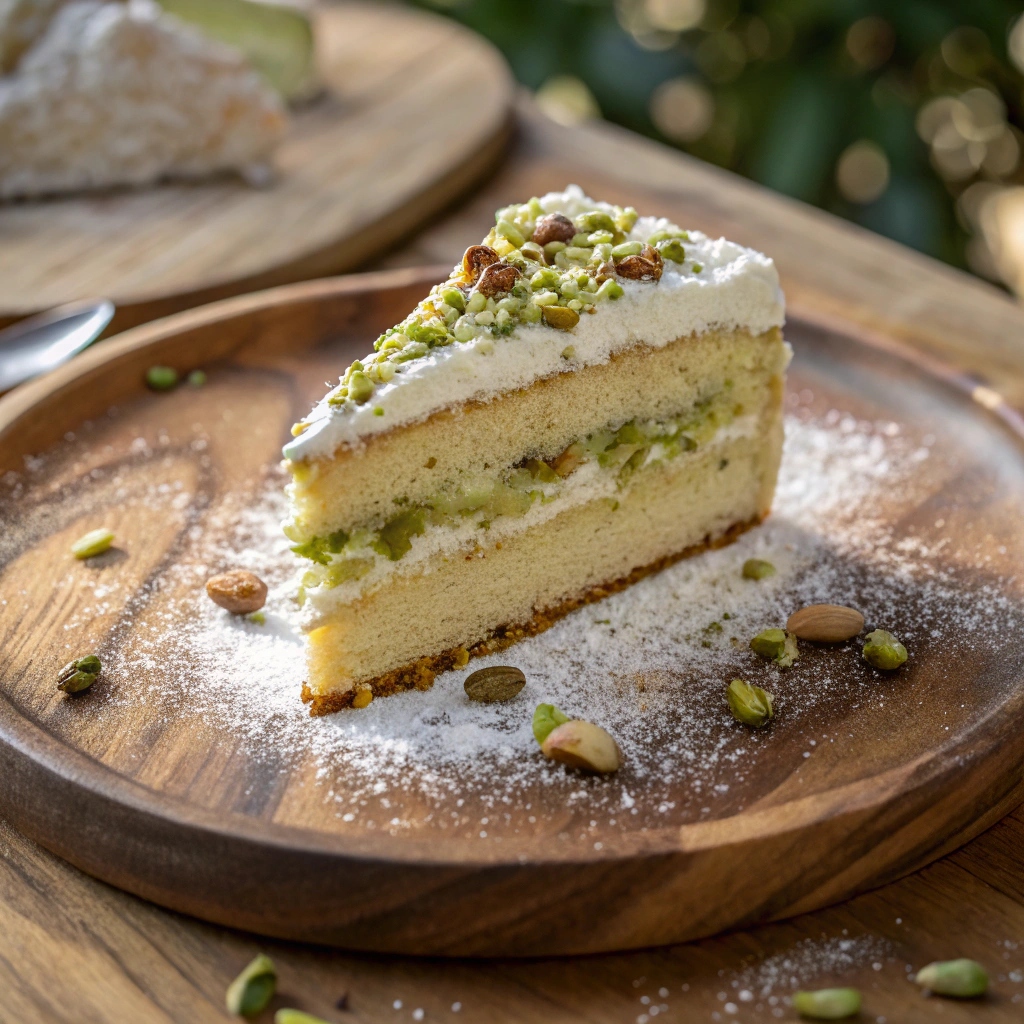 A close-up view of a homemade pistachio cream cake with pistachio filling and chopped pistachios on top, showcasing its creamy layers and invitin