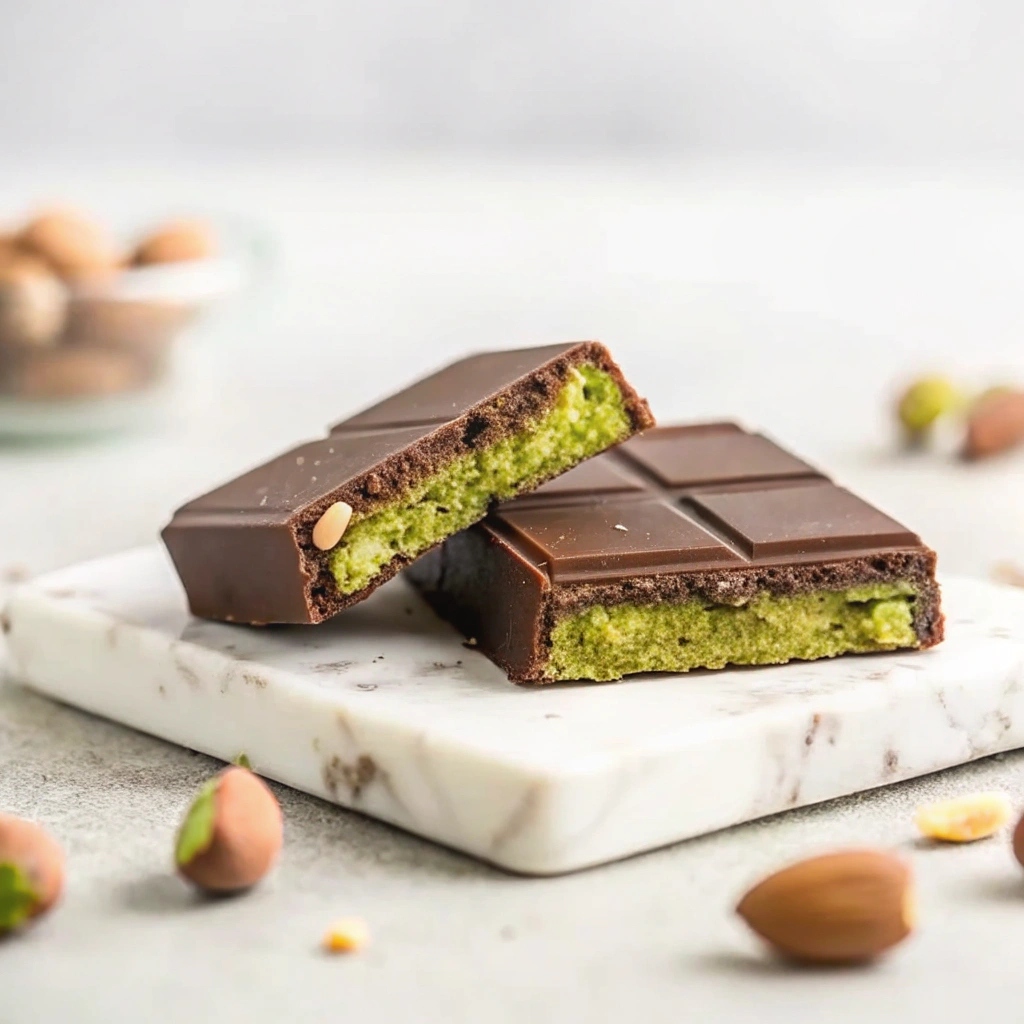 A close-up of a rich dark chocolate bar topped with crunchy roasted pistachios, with a glossy texture and scattered nut crumbs on a rustic wooden surface.