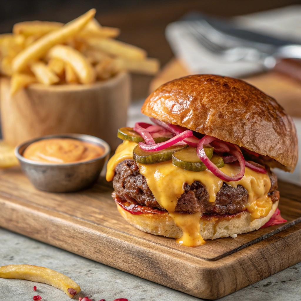 Delicious Wagyu burger with melted cheese, toasted brioche buns, and fresh toppings like pickles and onions, served on a rustic wooden board.