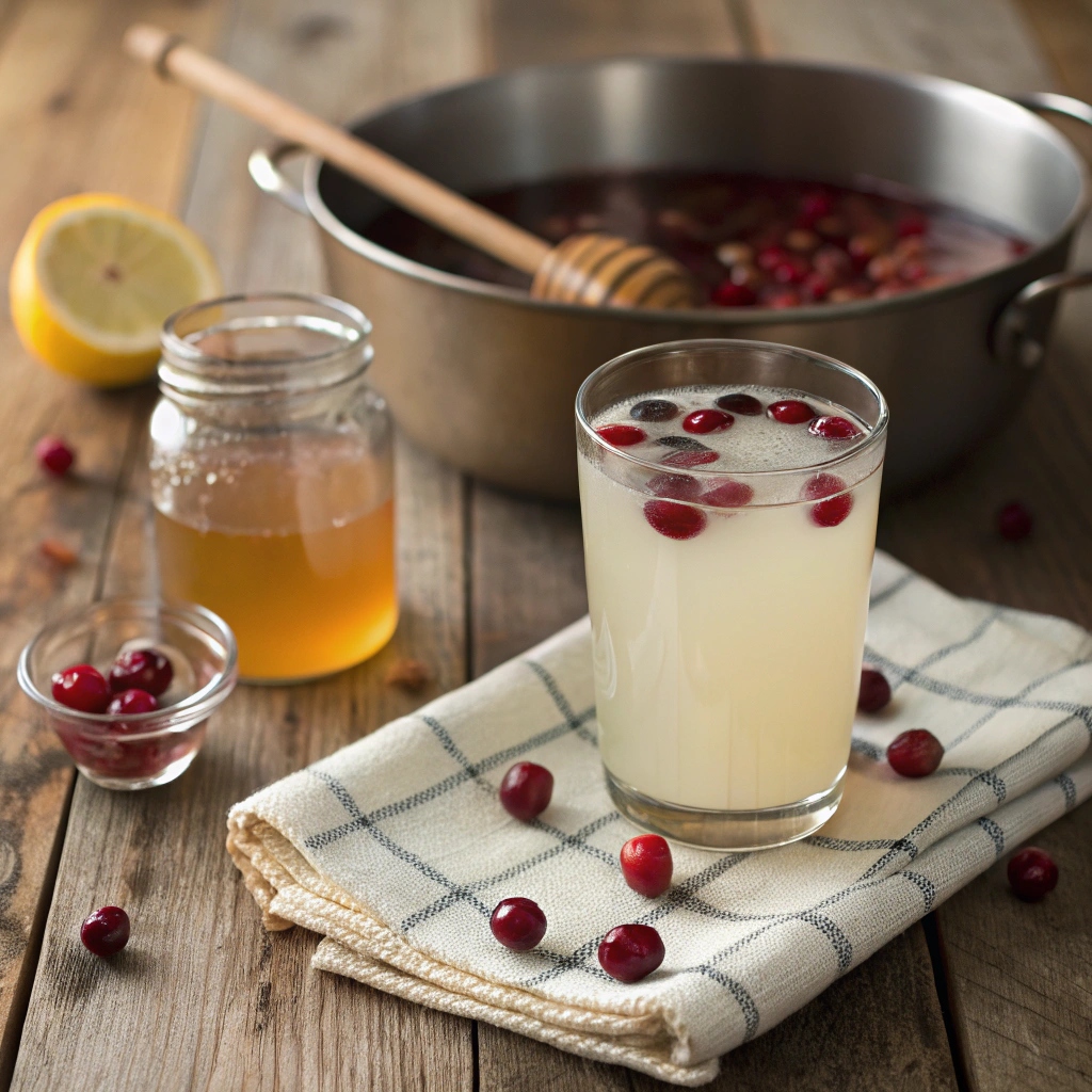 A glass of homemade white cranberry juice served with fresh cranberries and a slice of lemon, showcasing a refreshing and healthy drink.