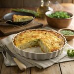 A freshly baked Passover Potato Pie with a crispy golden crust, served in a rustic baking dish with a slice cut out, revealing a soft and fluffy inside.