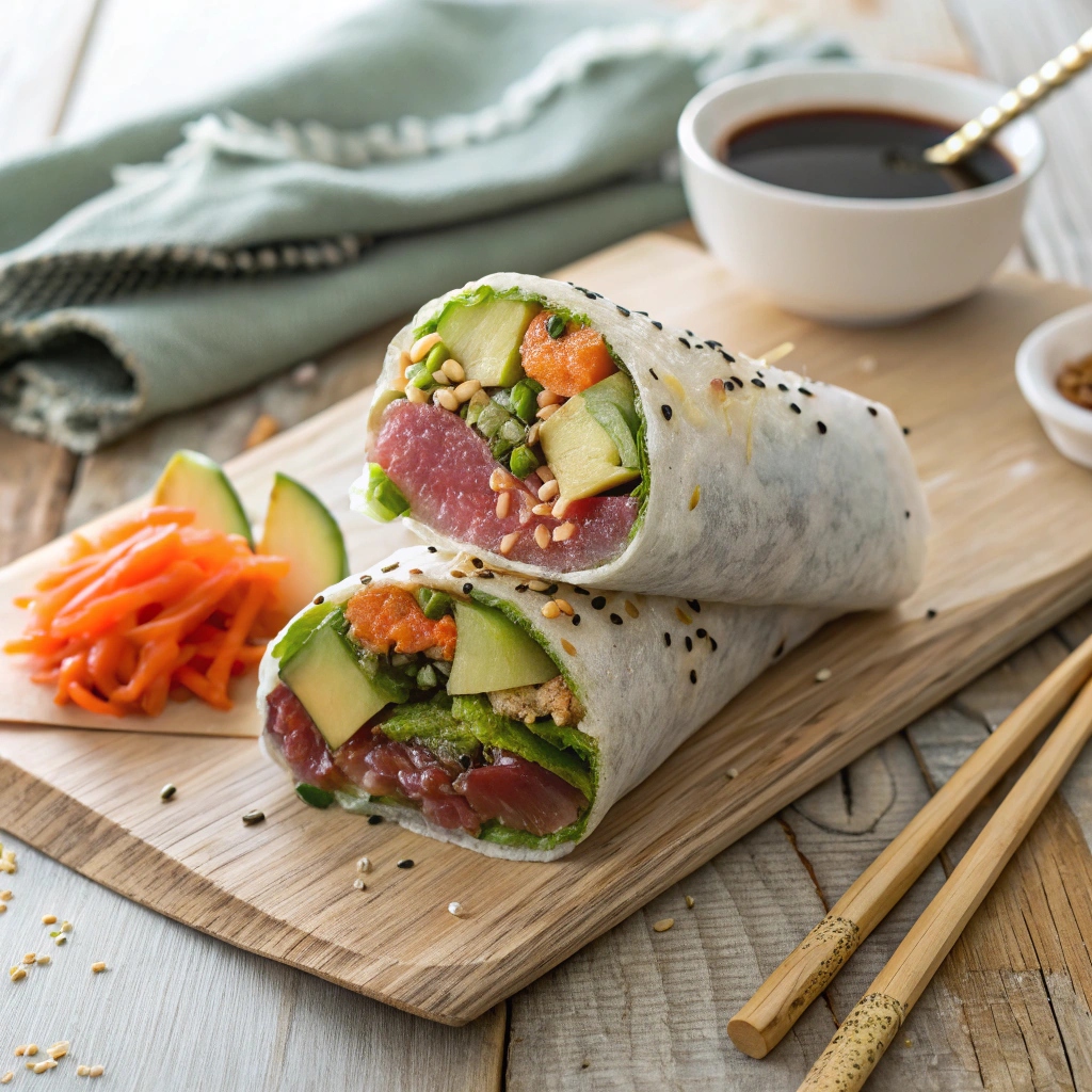 Handmade sushi burrito with fresh tuna, avocado, cucumber, and carrot, wrapped in Nori on a rustic wooden table with soy sauce and pickled ginger.