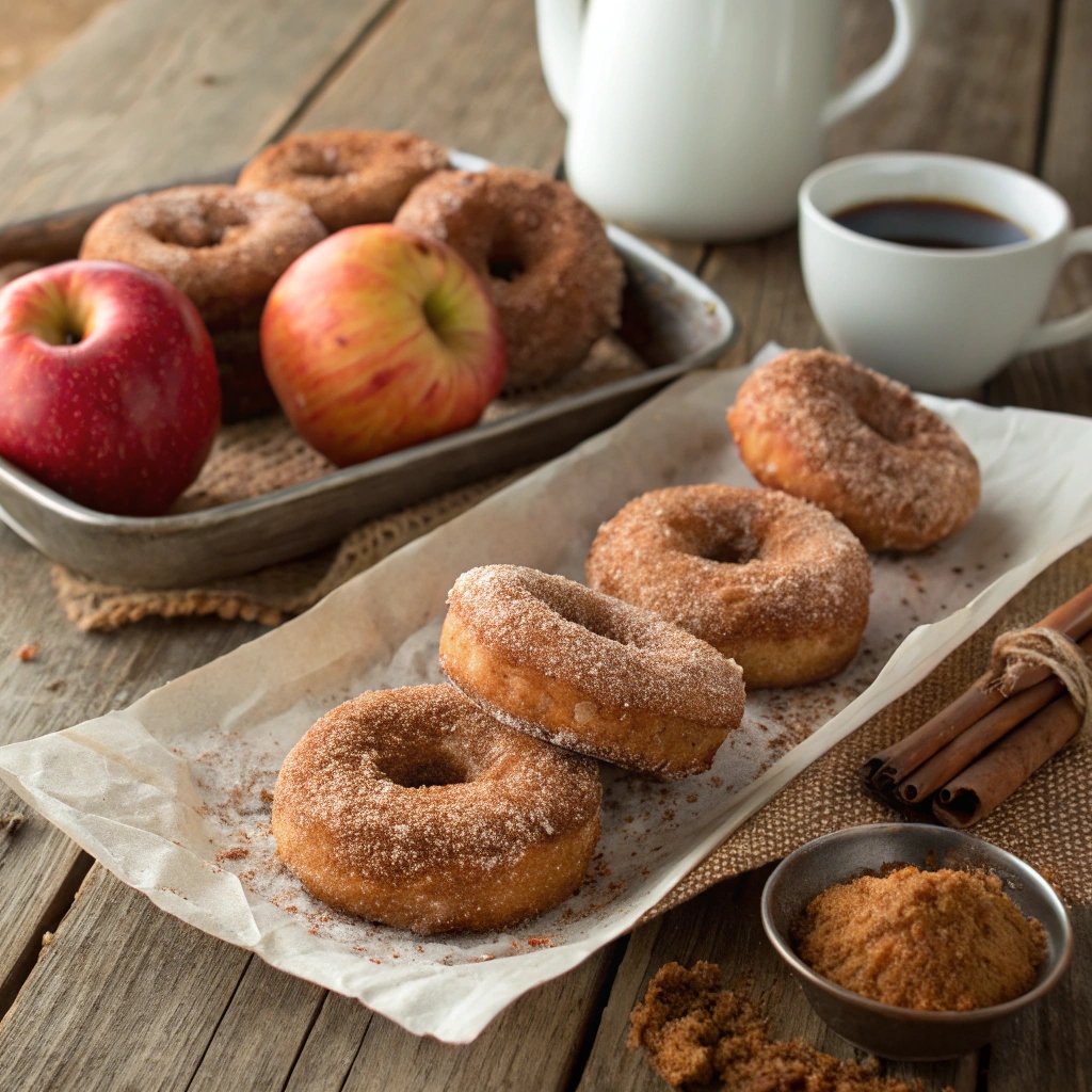 A batch of golden-brown homemade apple cider donuts coated in cinnamon sugar, served on a rustic wooden table with fresh apples and a cup of hot coffee.