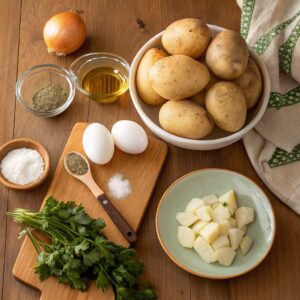 A freshly baked Passover Potato Pie with a crispy golden crust, served in a rustic baking dish with a slice cut out, revealing a soft and fluffy inside.