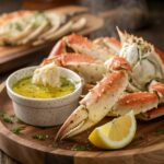 Close-up of freshly cooked Dungeness crab legs served with garlic butter and lemon wedges on a rustic plate.