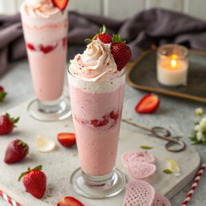 A beautiful Pink Sweetie Valen drink in a tall glass, garnished with whipped cream and fresh strawberries, surrounded by romantic Valentine’s Day decorations.